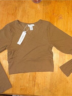 Capella Women's Brown Ribbed Wrap-Front Long-Sleeve Crop Top